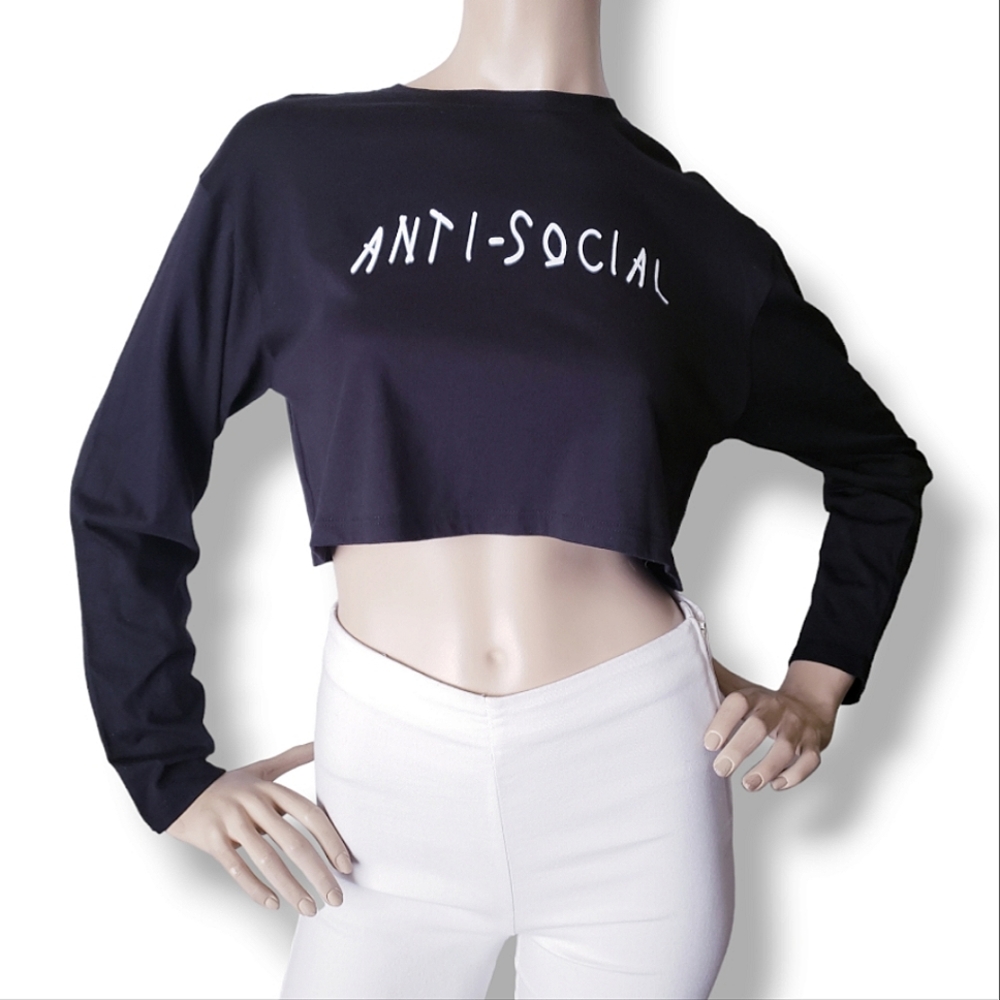 "Anti-Social" Print Long Sleeve Crop Top by Rock Rose Couture